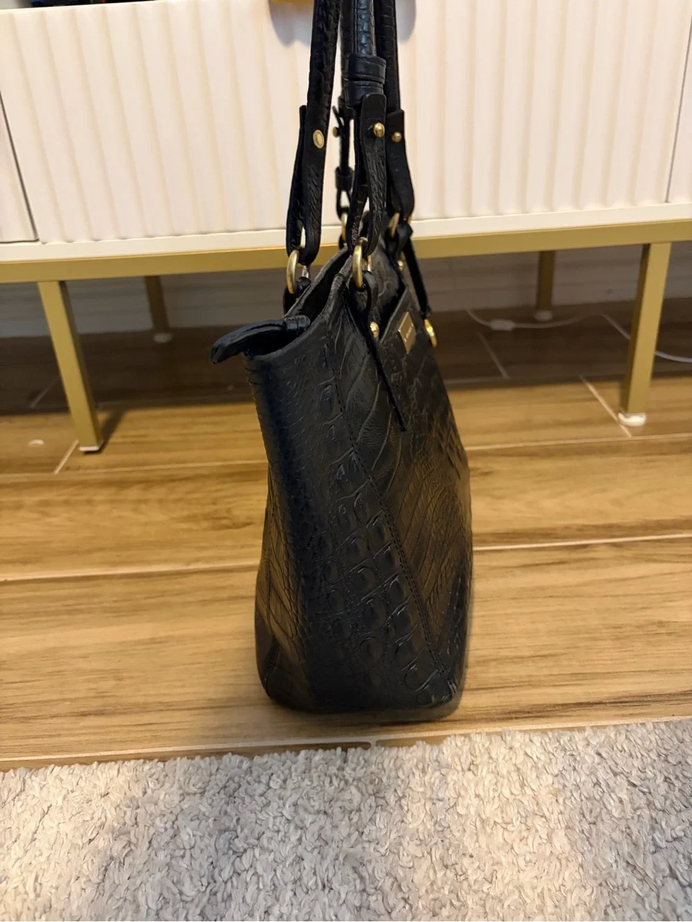 Brahmin Black Croc Embossed Leather Tote Bag Shoulder Purse Gold Hardware Large - Picture 6 of 15
